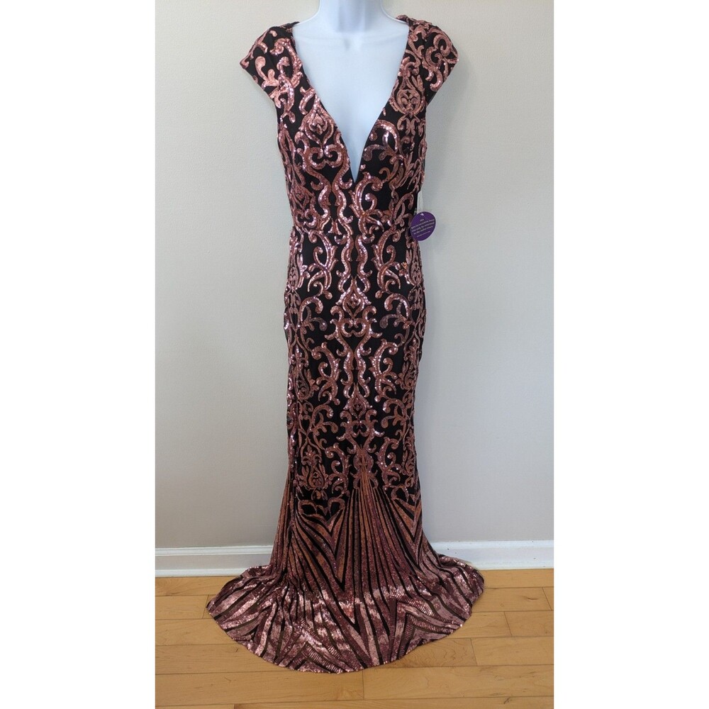 Windsor Sequin Mermaid Formal Prom Dress S Glam Plunge Open Back Black Pink NWT